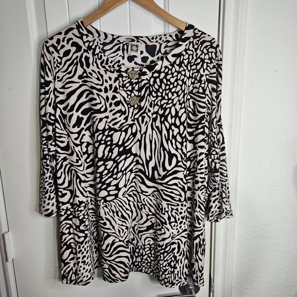 Anne Klein Women's XL Black Animal Print 3/4 Sleeve Shirt Gold Insignia